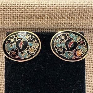 Vintage 80’s Cloisonné Earrings- Floral pattern Oval gold tone: black green red